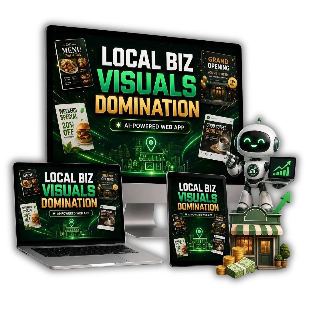 Local Biz Visuals Domination AI web app preview showing local business marketing graphics on desktop, laptop and tablet